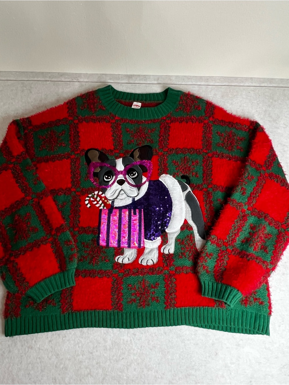 Holiday Time French Bulldog 3D Sequin Ugly Christmas Sweater XL